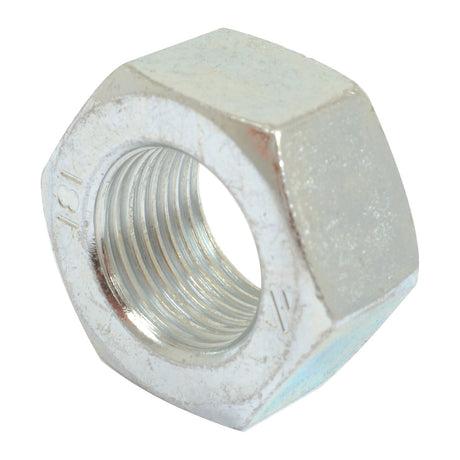 Close-up of a Metric Hexagon Nut, M12x1.00mm with internal threading, complying with DIN 934 standards, used for fastening with a bolt. This nut is identified as the Metric Hexagon Nut, M12x1.00mm (DIN 934) Metric Fine | Sparex Part No.S.53828 from the Sparex brand.