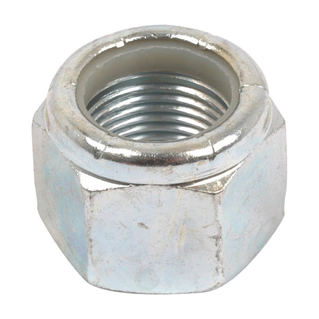 Close-up of the Sparex 7/8'' UNF Imperial Self Locking Nut (DIN 985) featuring an internal screw thread and a nylon insert, with a tensile strength of 8.8, Sparex Part No. S.53844.