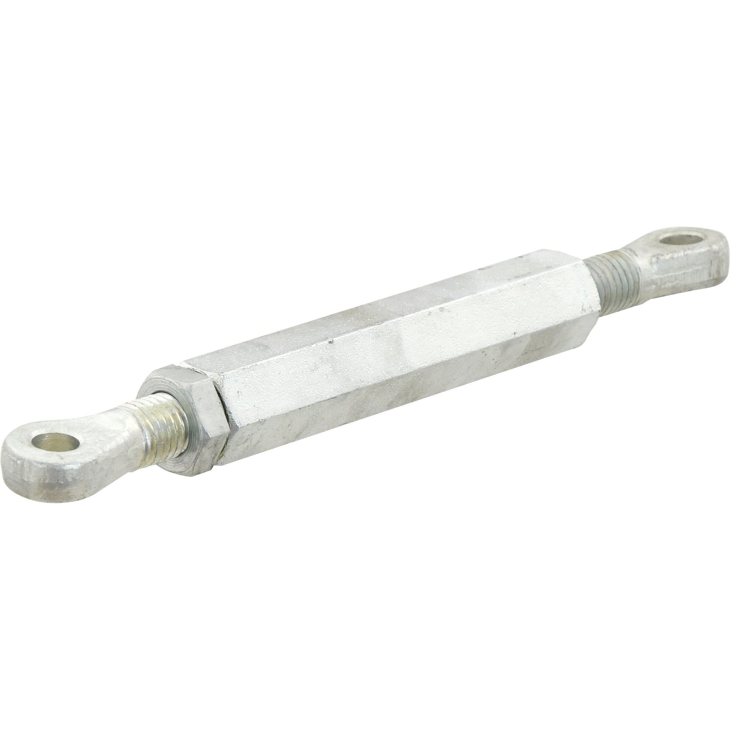 The Sparex Stabiliser Turnbuckle Assembly (Part No. S.5388) is a silver metal turnbuckle featuring threaded eye bolts on both ends, with a thread length of 100mm for adjusting tension in cables, rods, or wires. It offers a minimum length of 10mm and extends to a maximum length of 349mm, making it ideal for versatile applications. The hole diameter of 13mm ensures secure fitting, providing precision and reliability in various settings.
