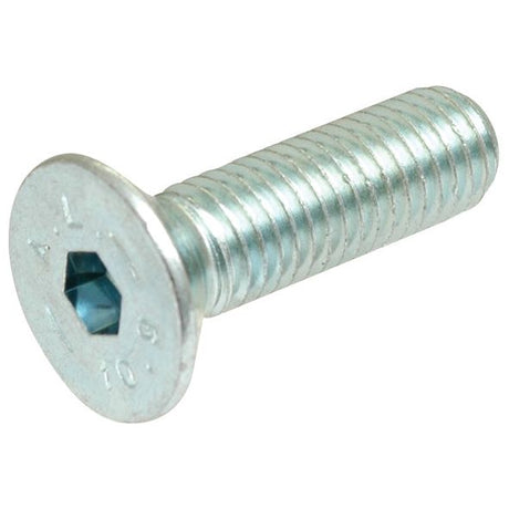 A close-up image of the Sparex Metric Countersunk Hexagon Socket Screw, M5x20mm (DIN 7991), with a threaded shaft, likely made of metal. The screw's head has a hexagonal indentation for an Allen wrench and conforms to DIN 7991 standards. This product is identified as Sparex Part No.S.53945.