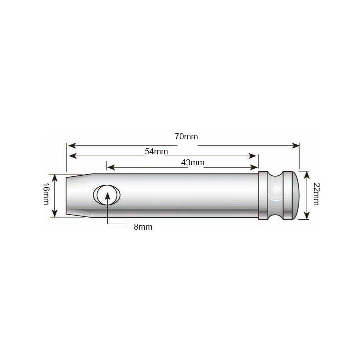 Technical drawing of the Sparex Top link pin 16x43mm Cat. 0 (Sparex Part No.S.53) featuring an overall length of 70mm, a diameter of 16mm at the wider end, and a diameter of 8mm at the narrower end with additional specified lengths and diameters, designed according to David Brown's specifications.