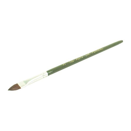 A Sparex Touch Up Paintbrush, No. 3 - Economy (Part No. S.54064) with a green handle, pointed bristle tip, and silver-colored ferrule lies flat against a white background, perfect for touch-ups.