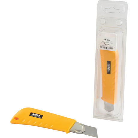 Image showing a yellow Sparex utility knife (Utility Knife, Agripak 1 pc. - S.54066) with a retractable blade, alongside its packaged version in a clear plastic case.