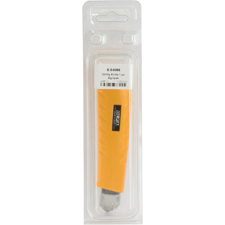 A packaged yellow utility knife with a plastic handle, branded Sparex. Label reads "Utility Knife (Agripak 1 pc.) - S.54066." The knife is in a clear plastic packaging with a hanger hole at the top.