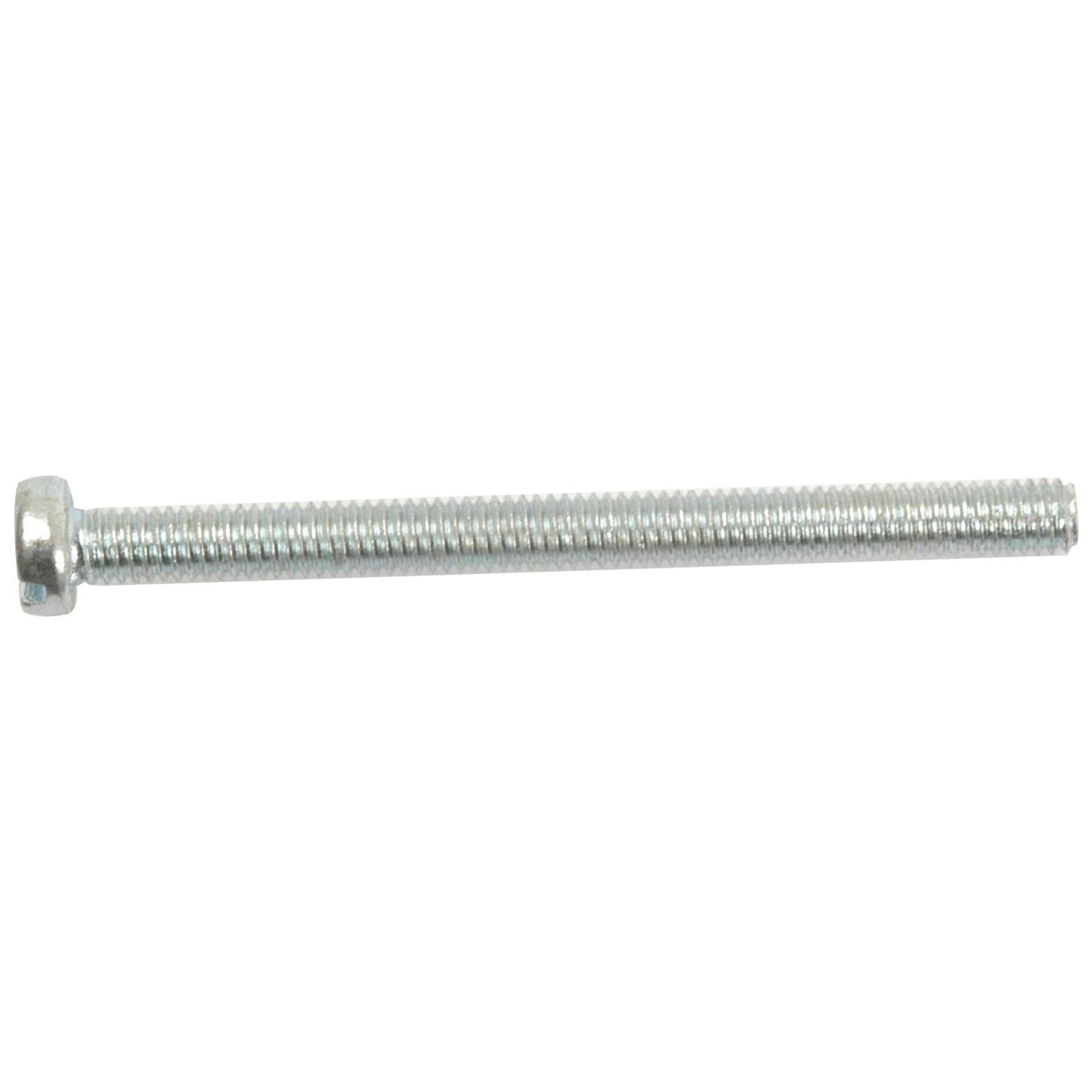 A close-up of a single Sparex Metric Cheese Head Machine Screw, M4x50mm (DIN 84), with a round head and threaded shaft, laying horizontally on a white background.