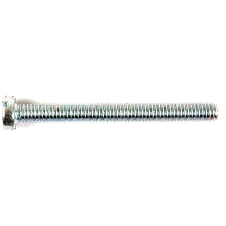 A close-up view of a Sparex Metric Cheese Head Machine Screw, M5x25mm (DIN 84) | Sparex Part No.S.54087, featuring a threaded stainless steel body and positioned horizontally on a white background.