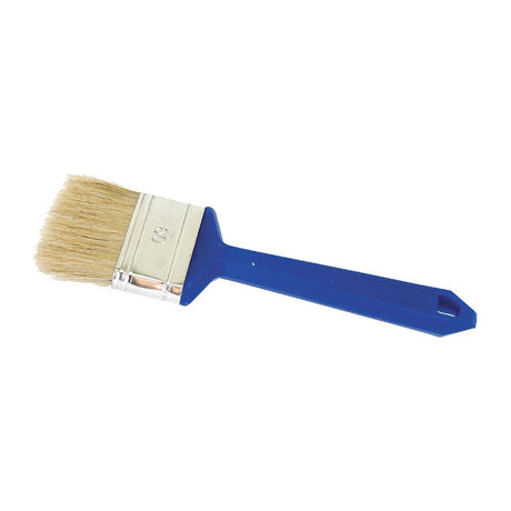 The Flat Paintbrush - Economy, 60mm (Sparex Part No.S.54168) by Sparex, featuring a blue handle and beige bristles, is displayed against a white background, making it ideal for economy painting needs.