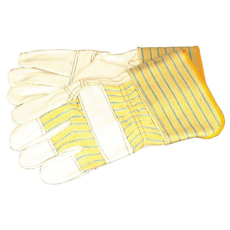 Introducing the Industrial Leather Glove - S.54195 by Sparex, featuring a durable leather palm and a breathable cotton back with a stylish yellow and white stripe design for enhanced protection.