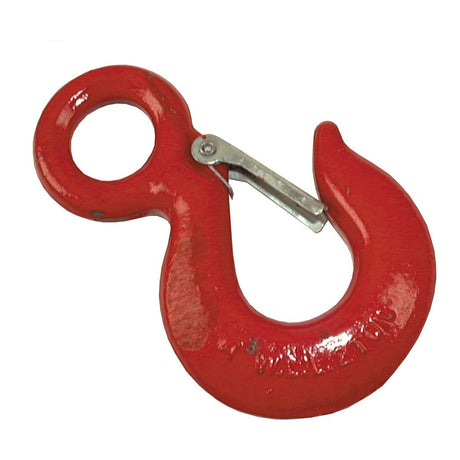 The Sparex Eye Hook & Safety Pawl 32mm - S.54229 is a red metal hook with a circular loop on one end and an open hook on the other, featuring a secure metal latch mechanism. It includes Eye Ø specifications and comes with an SWL Test Certificate for assured safety.