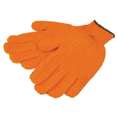 A pair of Hi Grip Gloves - 9/L by Sparex, featuring a bright orange knit design with a textured surface, black trim around the cuffs, and a durable PVC coating.