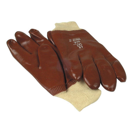 A pair of Red PVC Coated Gloves - 9/L by Sparex (Part No.S.54243) with beige fabric cuffs, laying on a white background. These durable gloves offer a sturdy alternative to disposable gloves, providing long-lasting protection for tough tasks.