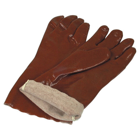 A pair of Sparex PVC Coated Gauntlets - 9/L (Part No. S.54244), featuring brown chemical-resistant exteriors and white fabric linings, laid out on a plain white background.