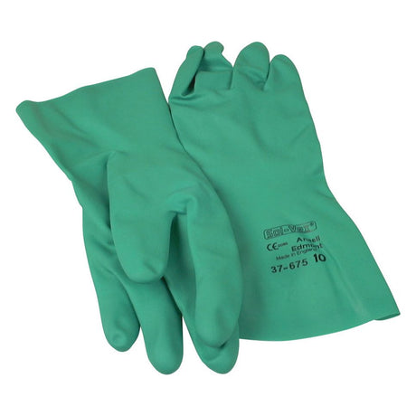 A pair of green Solvex Nitrile Gloves (Product Code: S.54245) by Sparex in size 9/L, with "37-675" and "10" text on the back of the right glove, featuring chemical-resistant nitrile material.