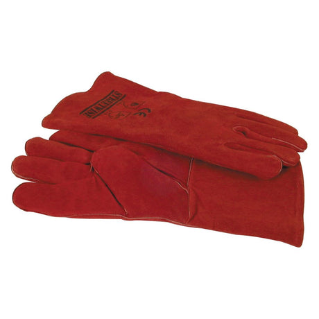 A pair of Sparex Welding Gloves - Red (9/L - S.54246) lying flat, with one glove stacked slightly on top of the other—CE approved and thermal tested for maximum safety.