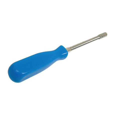 The Sparex FLEXIDRIVER FOR HOSECLIPS with a 7mm tip and a 25cm length, featuring a flexible design, a blue plastic handle, and a metal shaft, is perfect for those tight spaces.