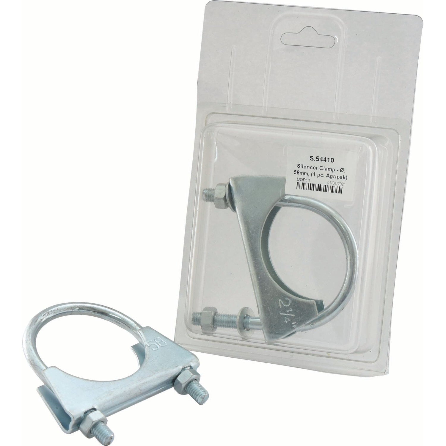 Two silencer clamps are pictured—one branded Sparex, neatly packaged with a label showing "Sparex Part No. S.54410," and the other, a 58mm silencer clamp from Agripak, is displayed outside of the clear plastic packaging.