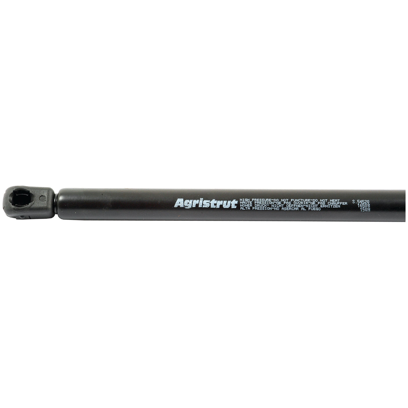 Close-up of a black gas strut with a plastic ball socket, bearing the brand name "Sparex" and technical specifications printed on the shaft, including "Gas Strut, Total length: 610mm - S.54520.