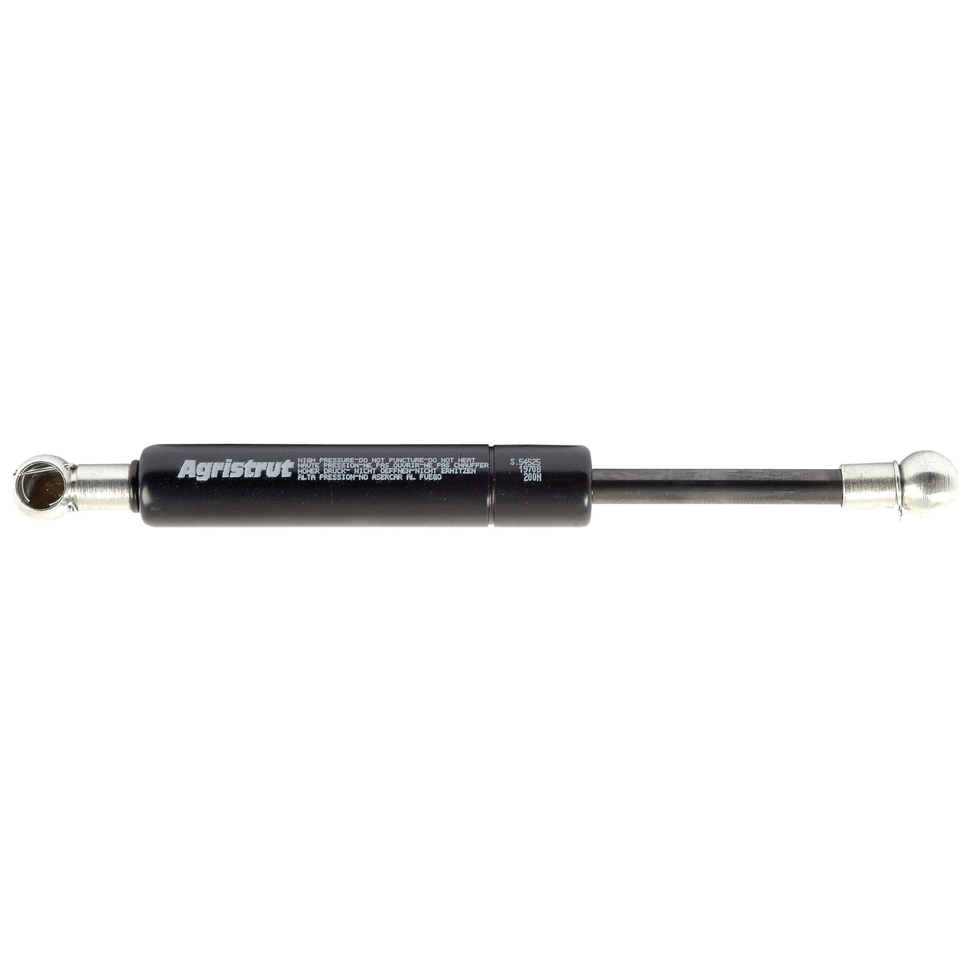 A 190mm long gas strut, branded "Sparex" and marked with product code S.54525, features metallic end fittings and a 10mm ball socket, designed to handle up to 200N pressure, against a white background.