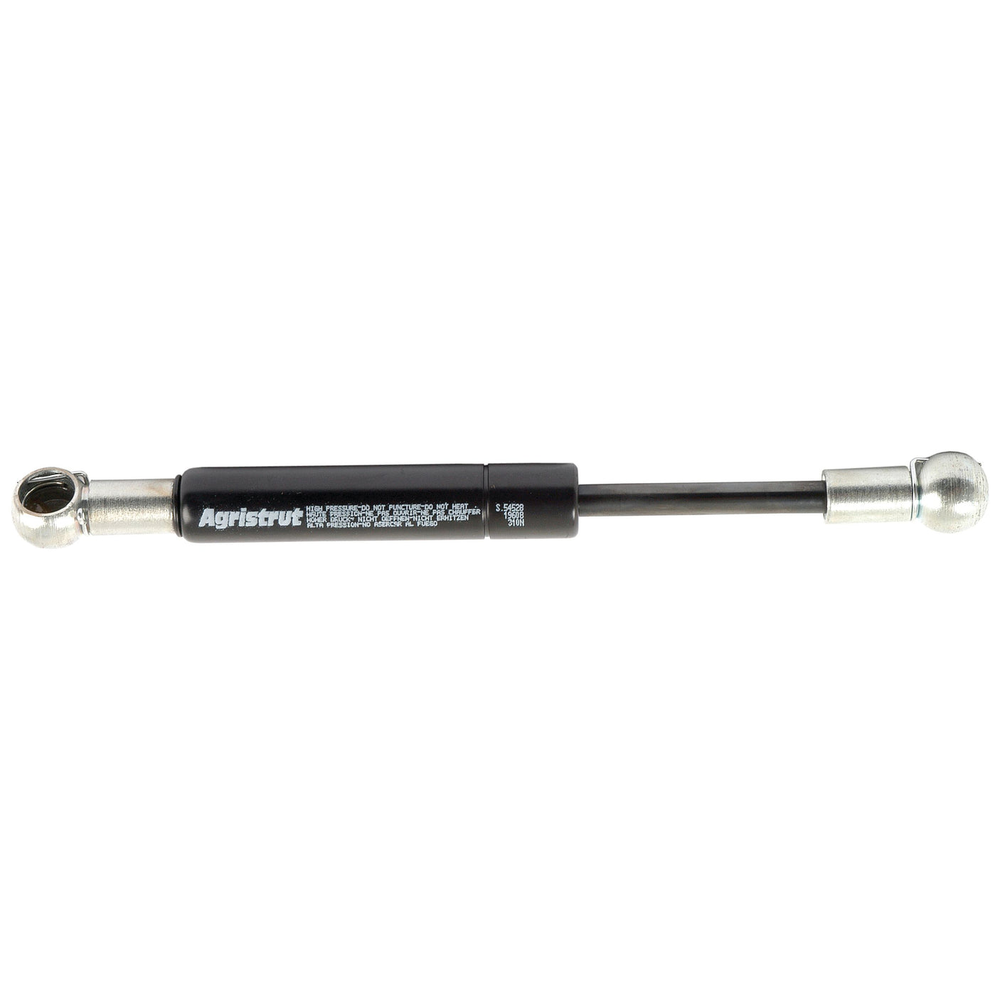 A Sparex Gas Strut (S.54528), with a total length of 215mm, featuring black color and metal connectors at both ends equipped with a ball socket for secure attachment, is designed for lifting and supporting applications in various mechanical devices.