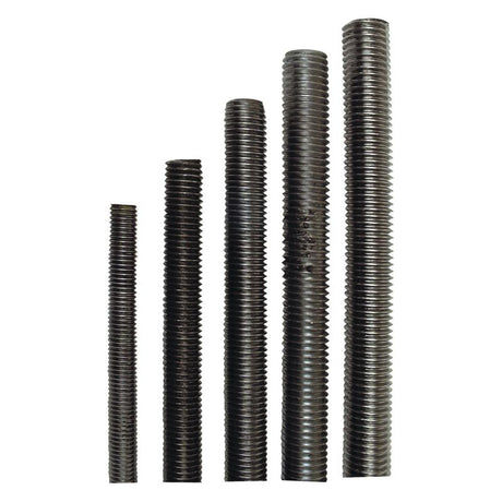 Five Sparex Metric Threaded Bars, each Ø27mm in diameter and 1 meter long, are standing upright in ascending order from left to right, showcasing their impressive 8.8 tensile strength.