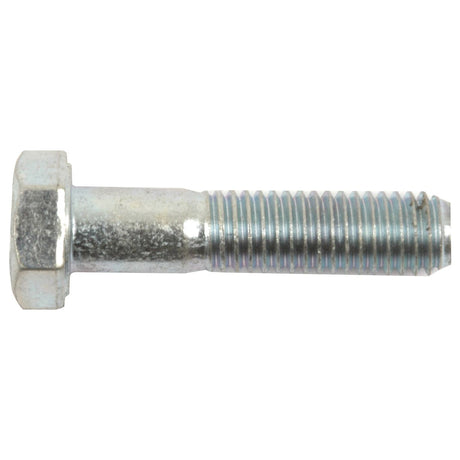 The Sparex Metric Bolt M8x35mm (DIN 931) with partial threading is a silver, zinc-plated fastener that combines durability and reliable performance, viewable from the side. This bolt conforms to DIN 931 standards.