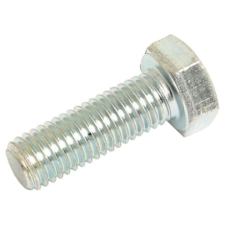 A close-up view of a Sparex Metric Setscrew (M12x35mm, DIN 933) with a zinc-plated, threaded body and hexagonal head, positioned at an angle against a white background.