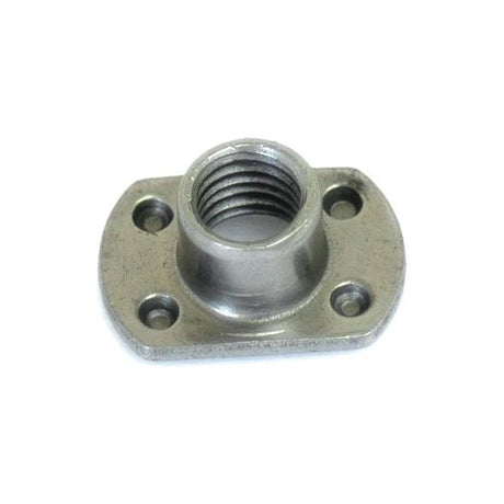 The Sparex Metric Weld Nut (Sparex Part No. S.54773) features a central M8x1.25mm threaded hole, a flat rectangular base, and four mounting holes, designed in accordance with DIN 934 metric coarse standards.