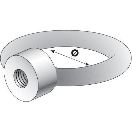 Illustration of a zinc plated Sparex Metric Eye Nut, M8xØ20mm (DIN 582) Metric Coarse | Sparex Part No. S.54777, showing a circular loop with an internally threaded cylindrical base. An arrow indicates the diameter measurement of the loop (M8xØ20mm).