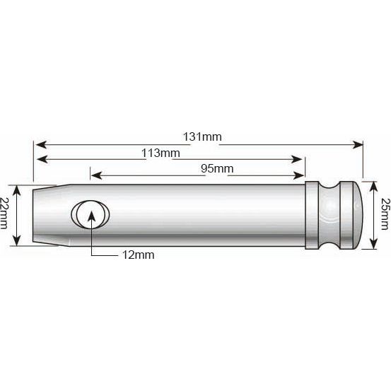 Technical diagram of the Sparex Lower Link Pin 22x95mm Cat. 1 (Sparex Part No.S.54) cylindrical component with measurements: 131mm length, 25mm width at one end, 22mm width at the other, and various sectional lengths marked 95mm, 113mm, and 12mm. Suitable for David Brown applications with indicated working length and Pin Ø dimensions included.