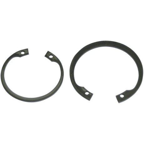 Two black metal snap rings with open ends and small holes near the tips, including one that measures 56mm. These rings adhere to DIN 472 standards and are designed as internal circlips for secure fitting. Specifically, one of them is known as the Sparex Internal Circlip, 56mm (DIN | Standard No. DIN 472), Sparex Part No.S.55110.