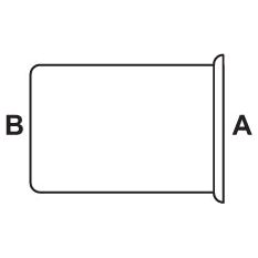 The illustration shows a line drawing of a cylindrical object with a flat base marked "A" and an open top marked "B." The object, resembling the Sparex Ferrule 10.5 x 6.2mm DN02 - S.55161, appears to be lying on its side.