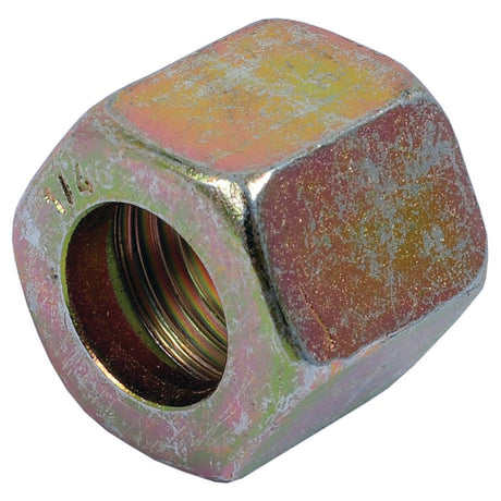 A close-up of the Union Nut 1/4'' BSP DN06 from Sparex (Part No. S.55171), exhibiting its hexagonal shape and threaded inner hole, with a weathered, slightly corroded surface.