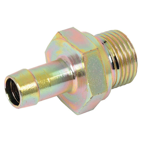 The Sparex Hose Connector - External Thread 1/2'' (S.55181) is a metal adapter with a threaded BSP end and a barbed end, designed for connecting 10mm hoses to pipes.