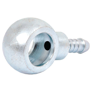 The Sparex Banjo Fitting A Ø 8mm DN02 - 4.50mm (Sparex Part No. S.55190) is a silver metal hose barb fitting, featuring a round, hollowed-out top section and a ridged nozzle end for secure hose attachment, compatible with Hose I/D specifications.