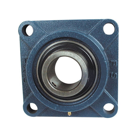 Close-up of a Sparex Four-Bolt Flanged Unit (UCFX10) | Sparex Part No.S.55244, featuring a blue square flange with a circular metal bearing in the center, metric bearings, and four corner holes.