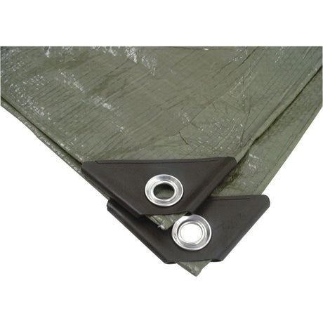 The Sparex Tarpaulin (Economy) - 3 x 5M - S.55250 is a green tarpaulin, made from durable Polythene, hemmed with eyelets and features reinforced corners with black plastic reinforcements.