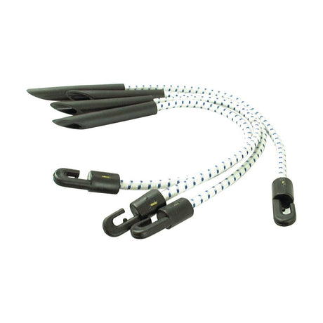 Two Tarpaulin Elastic Ties (Agripak 4 pcs.) - S.55258 by Sparex, featuring white and blue elastic cords with black plastic hooks and tips, are displayed coiled and ready for use on a white background. Ideal for securing tarpaulins or other items, they make a perfect addition to any Sparex toolkit.