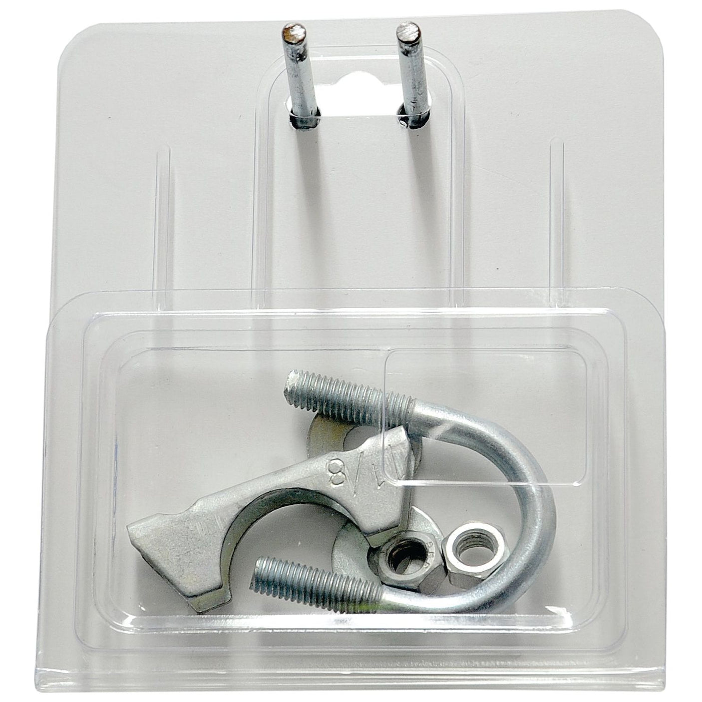 A packaged set of metal hardware, including two screws, a curved metal hook, and two round washers, displayed against a white background, is perfect as the Silencer Clamp (Ø: 29mm) replacement for Allis Chalmers machinery from Sparex (Sparex Part No. S.55259).