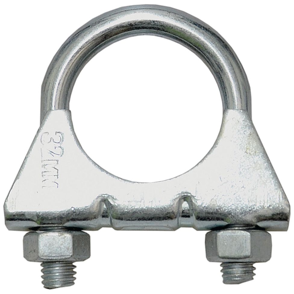 The Sparex Silencer Clamp (Sparex Part No. S.55260) features a metallic U-bolt design with two threaded ends secured by nuts, making it ideal for securing pipes or tubes. The engraved "32MM" marking indicates the clamp's measurement—ideal for any Agripak applications.