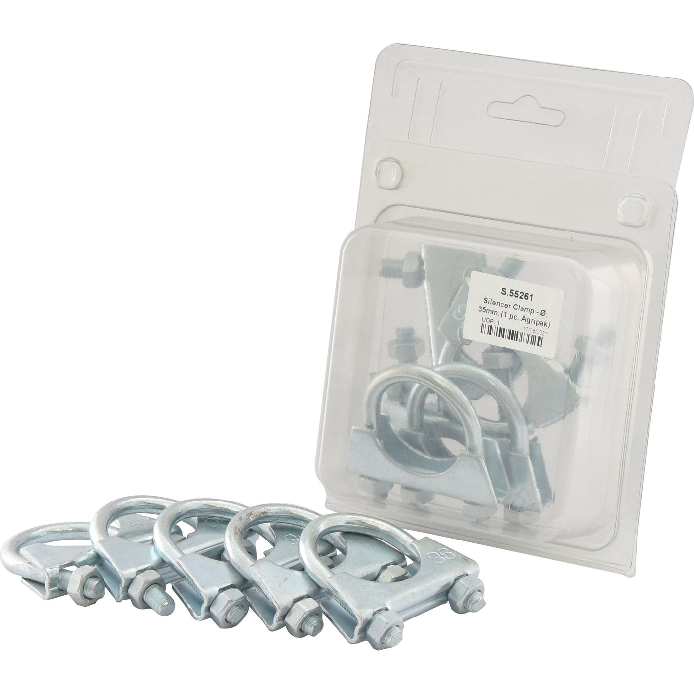 A sealed plastic package displaying four Sparex wire rope clamps and accompanying hardware, including a 35mm Silencer Clamp (Sparex Part No. S.55261), all lined up in front.