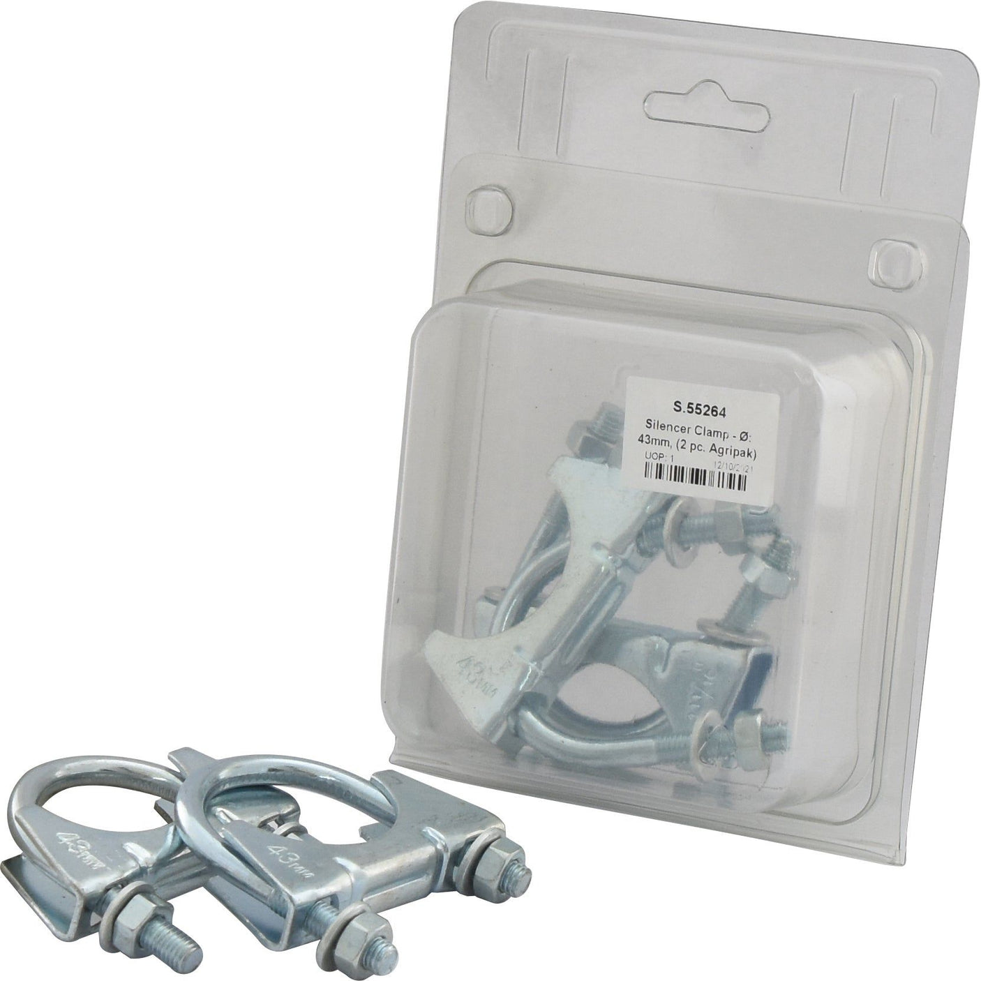 Two silencer clamps by Sparex, part number S.55264, packaged in a clear plastic container under the brand Agripak, are displayed with one 43mm clamp set out in front.