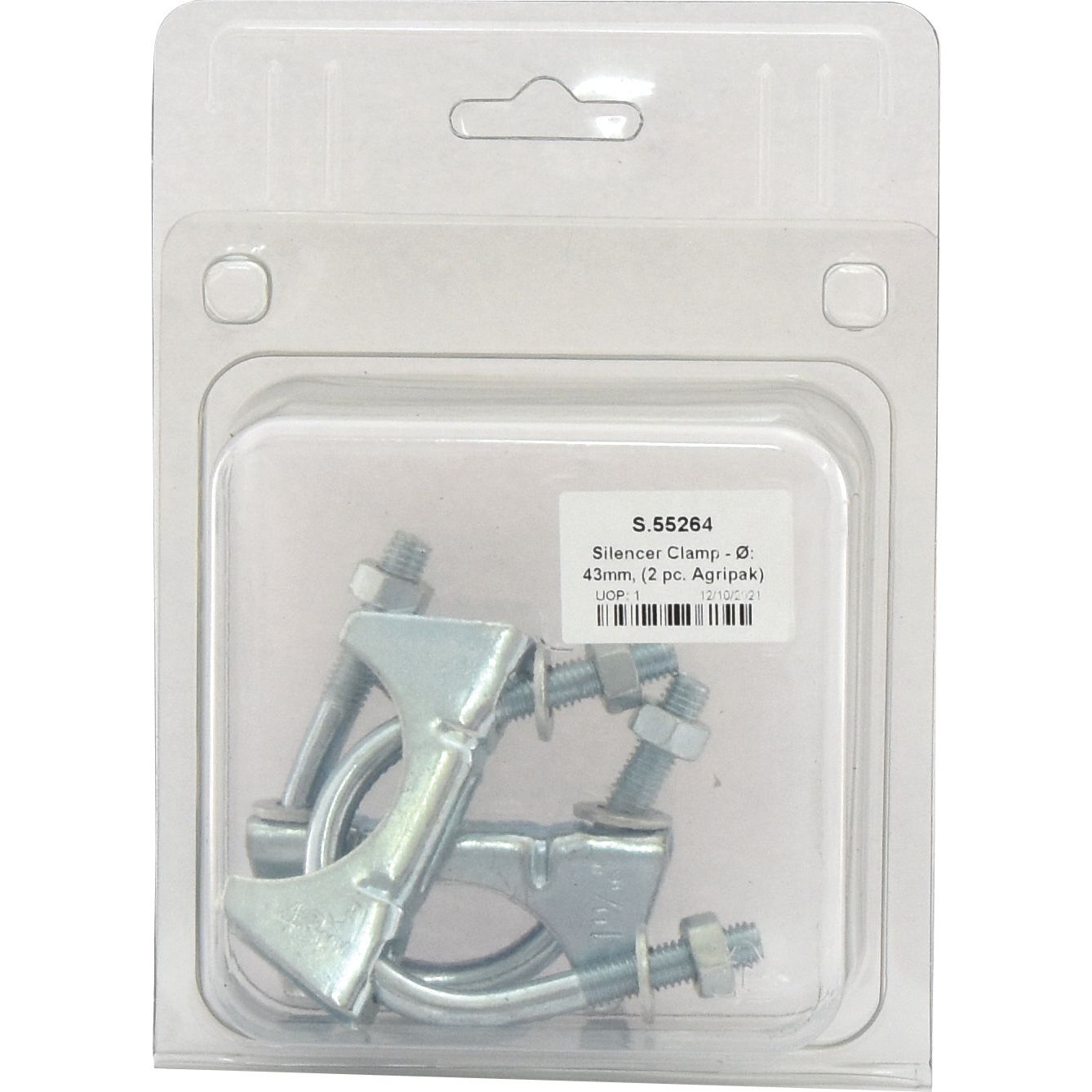 Packaged silencer clamp set by Sparex, 43mm diameter, containing two clamps with nuts and bolts, labeled S.55264.