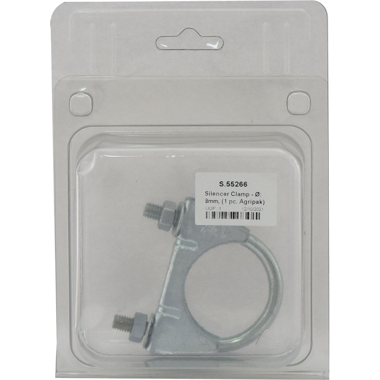 A Sparex Silencer Clamp (Ø: 48mm, Sparex Part No. S.55266) is packaged in a clear plastic blister pack with a label that reads "Silencer Clamp - Ø: 48mm, (1 pc. Agripak).