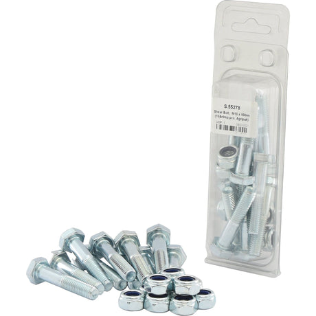 A set of Shear Bolt, M10x50mm (10 pcs. Agripak) is displayed. Several bolts and nuts are scattered in the foreground, while the rest are packaged in a clear plastic container with a white label marked "Sparex Part No.S.55278.