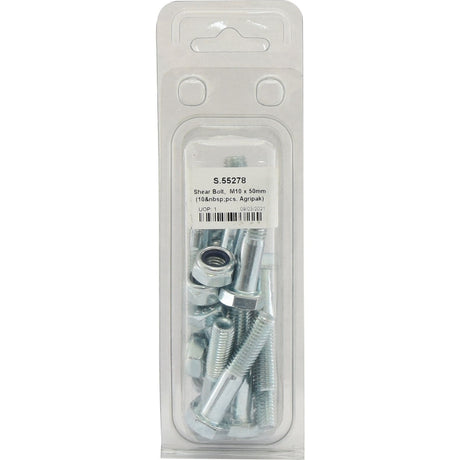 A pack of Sparex Shear Bolt, M10x50mm (10 pcs. Agripak) in a transparent plastic container. The label reads "Shear Bolt, M10 x 50mm (10-pack), Metric".