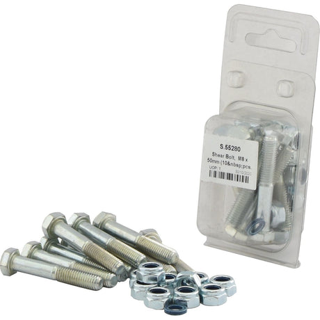 A pack of Sparex Shear Bolt, M8x50mm (10 pcs. Agripak) - Part No. S.55280, with several bolts and nuts laid out in front. The clear plastic packaging, labeled with size and quantity, is positioned on the right.