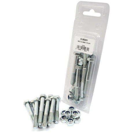 A pack of Shear Bolts, M8x60mm (10 pcs. Agripak) with tensile strength 12.9 from Sparex. Some bolts and nuts are lying on the surface, while the rest are inside a clear plastic packaging with Sparex Part No.S.55281 barcode label. All components are metric, ensuring precise fit for your engineering needs.