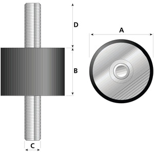 Technical drawing showing two views of the Sparex Anti Vibration Mount - Bolt to Bolt, Ø75mm. (S.55420) with threaded ends. The side view details dimensions B, C, and D, while the top view shows dimension A. This part features a Metric thread type with a thread size of M12.