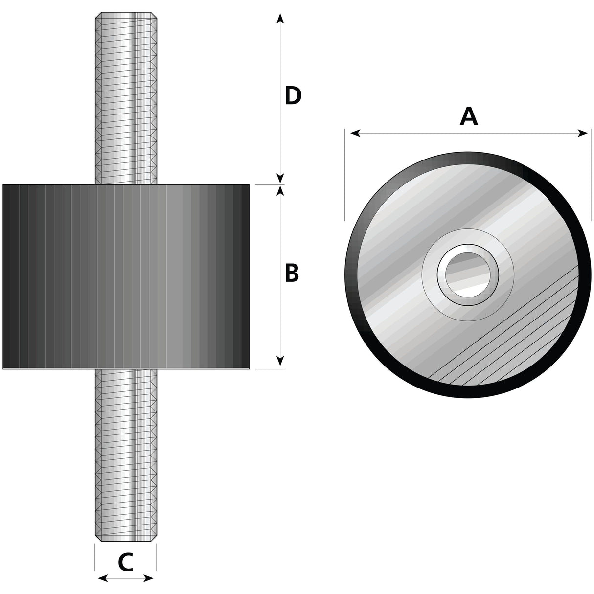 Diagram showing the Anti Vibration Mount - Bolt to Bolt (Sparex, S.55421) with dimensions labeled: A for diameter (Ø 75mm), B for length of the central section, C for end-to-end length of the threaded portions (Thread size M12), and D for overall length. Rubber height is noted as 50mm.