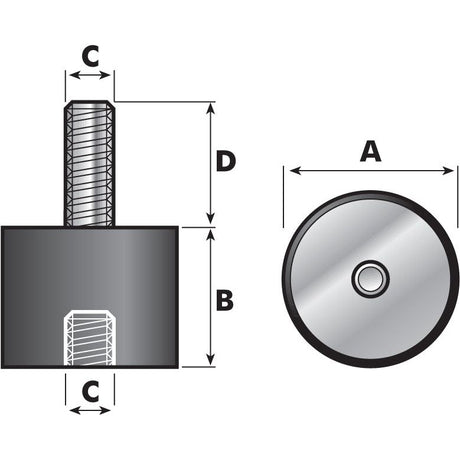 Technical drawing of the Anti Vibration Mount - Bolt to Taper, Ø25mm. - S.55430 from Sparex, with top and side views labeled A, B, C, and D displaying measurements and proportions of the component, including dimensions for a metric thread.